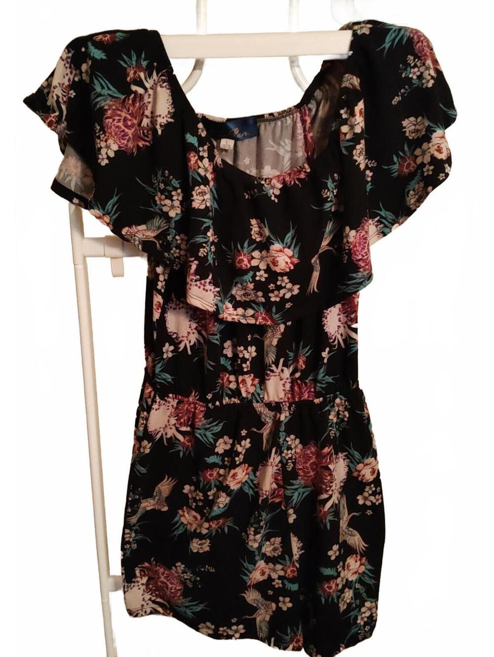 Floral off shoulder short dress L - blue rain EUC